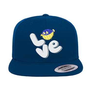 Love Fishing Blue Blowfish Globe Flat Bill Cap